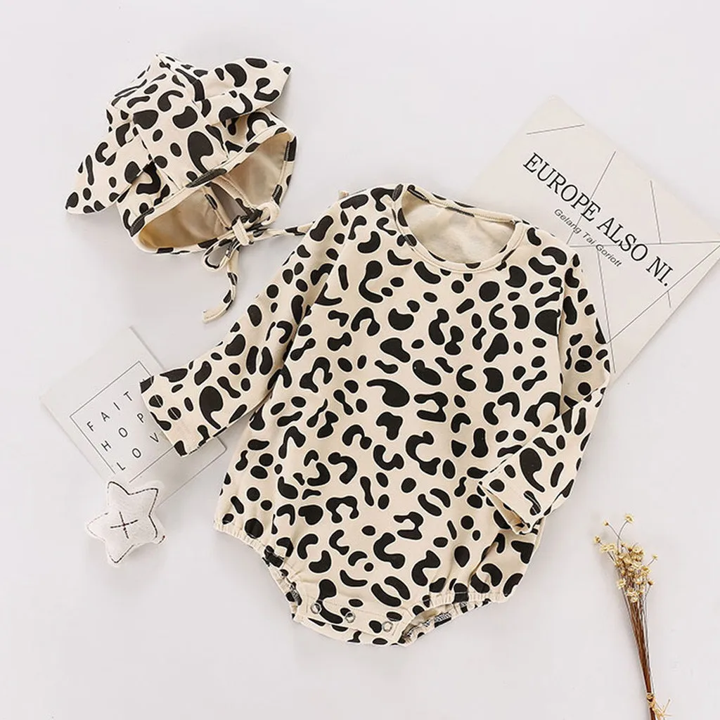 

(3M-24M) Baby Long Sleeve Leopard Print Jumpsuit Romper Romper Bag Fart + Hat Fashion trend leopard jumpsuit bodysuit baby S4