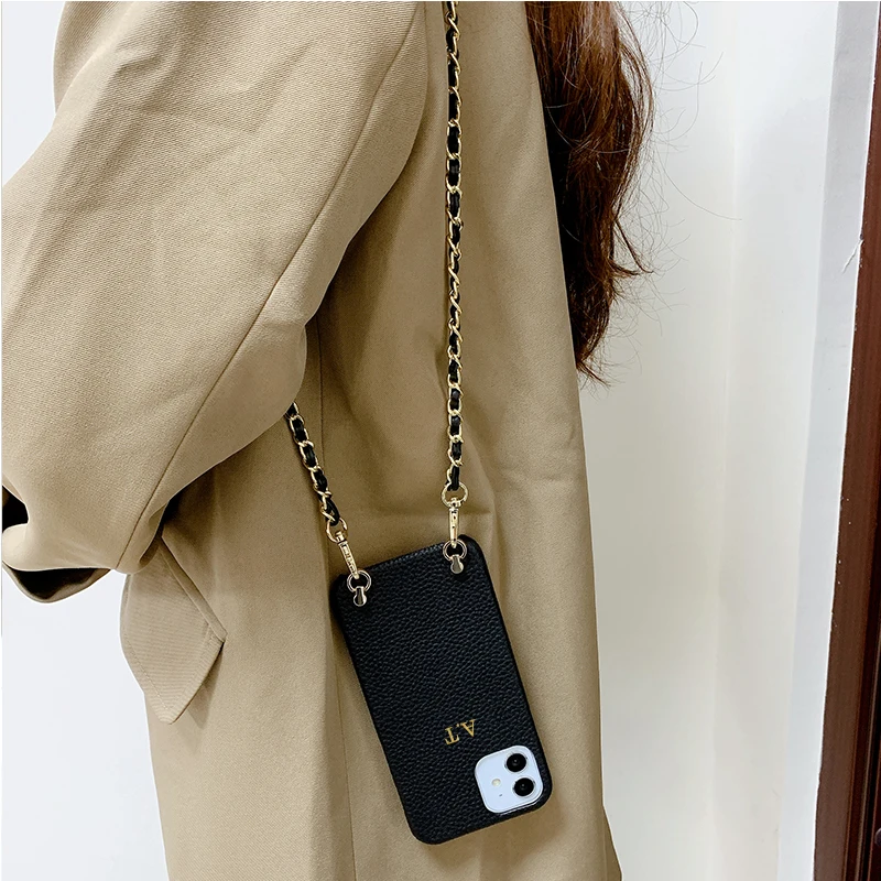 Custom Initial Name Crossbody Strap Cord Luxury Crocodile Leather Phone Case For iphone 11 12 13 Pro Max 7 8 Plus XR X XS Cover