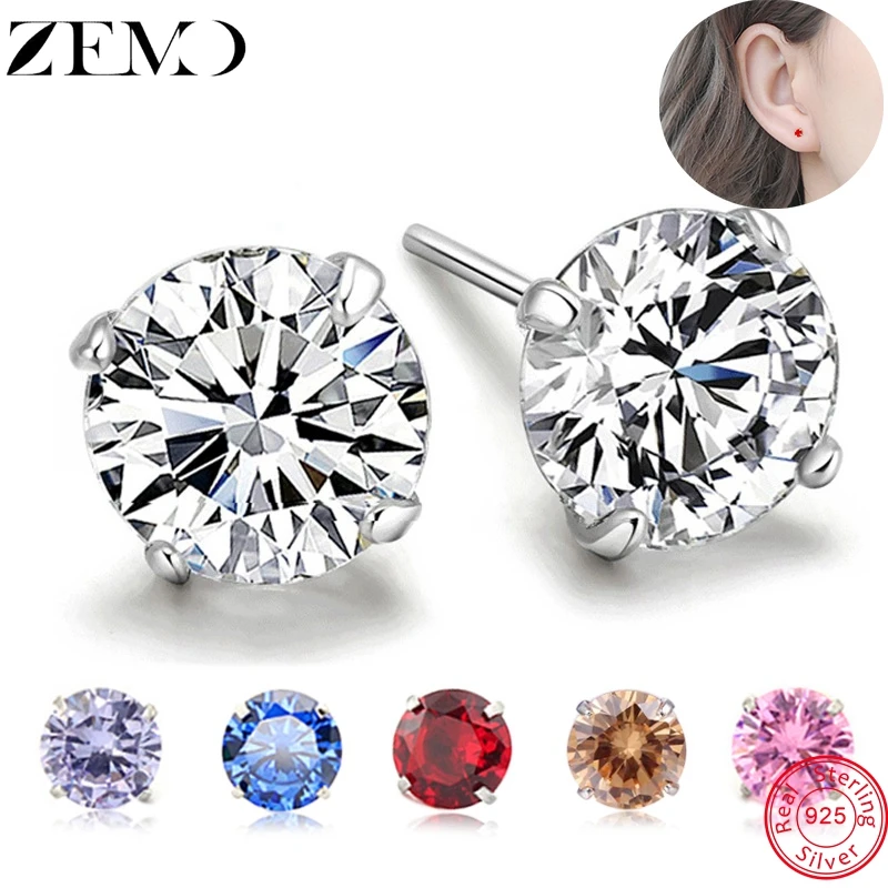 

ZEMO 2-8mm Real 925 Sterling Silver Studs Earrings With Colorful CZ for Girls 13 Colors Silver Earrings Studs Female Ear Jewelry
