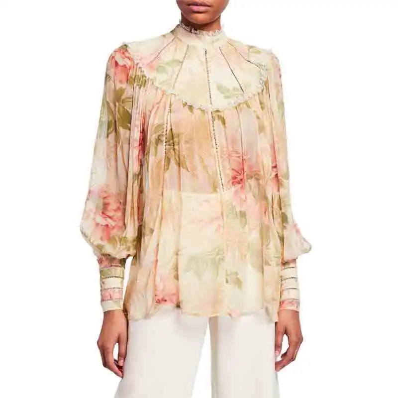 

Lantern Sleeve Floral Printed Woman'S Blouse In Multi Pattern Ruffle Ladies Shirt 2019 New Autumn Turtleneck Vintage Tops