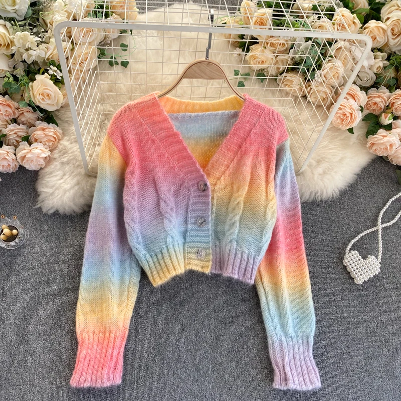 Chaqueta corta a rayas de arco iris coreano para mujer, Rebeca Sexy de manga larga con cuello de pico, trajes de mujer, Rebeca larga de punto con botonadura única, 2021