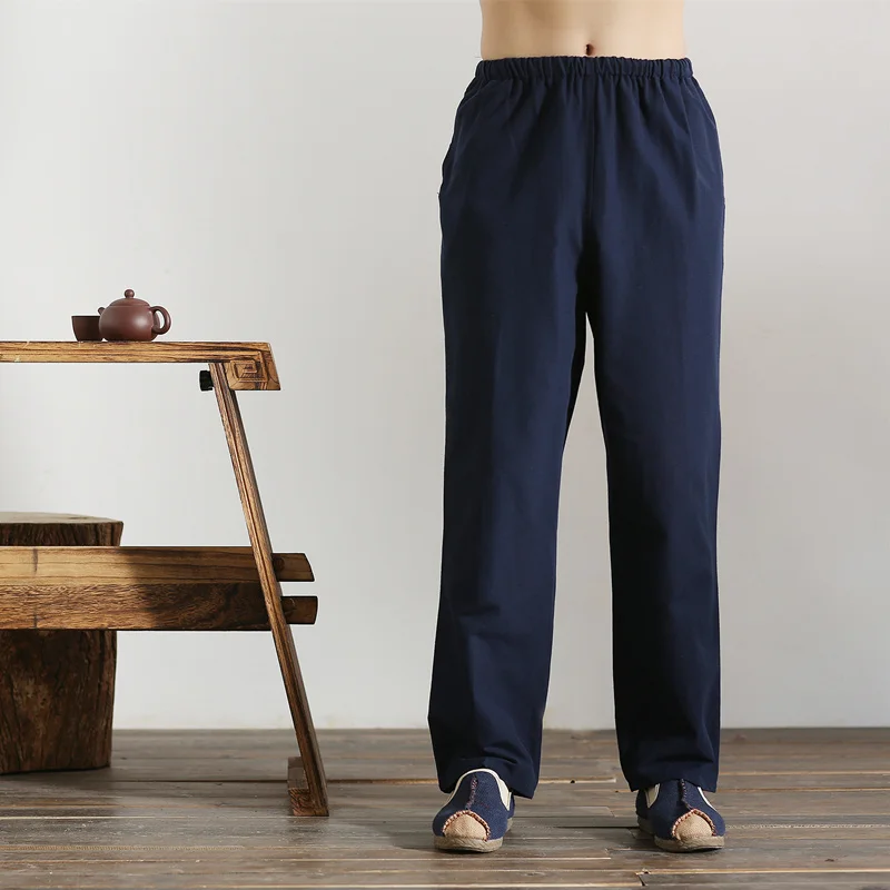 100% Cotton Chinese style Traditional Men's Kung Fu Pants Wu Shu Tai Chi Elastic Waist Long loose Trousers