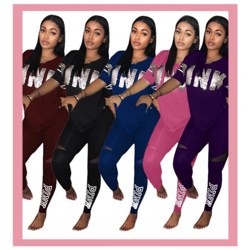 Traje deportivo con estampado rosa para mujer, Top y trajes con pantalones largos, chándal a juego, conjuntos de 2 piezas, ropa de talla grande de verano