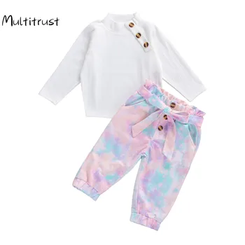 

2020 Winter Autumn Girls Tie-Dye Clothes Sets Long Sleeve Knit Sweater Tops+ Printed Long Pants 2pcs