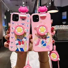 Милый мультяшный Сейлор Мун розовый чехол для телефона для iPhone 11 Pro X 8 7 6s Plus XS Max XR мягкий 3D кукольные игрушки стенд ремешок задняя крышка