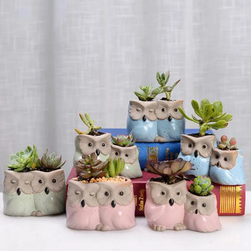 New Succulent Plants Flowerpot Couple Owl Flower Pot Green Planter Simple Style Ceramic Crafts Bonsai Planters Desktop Ornaments