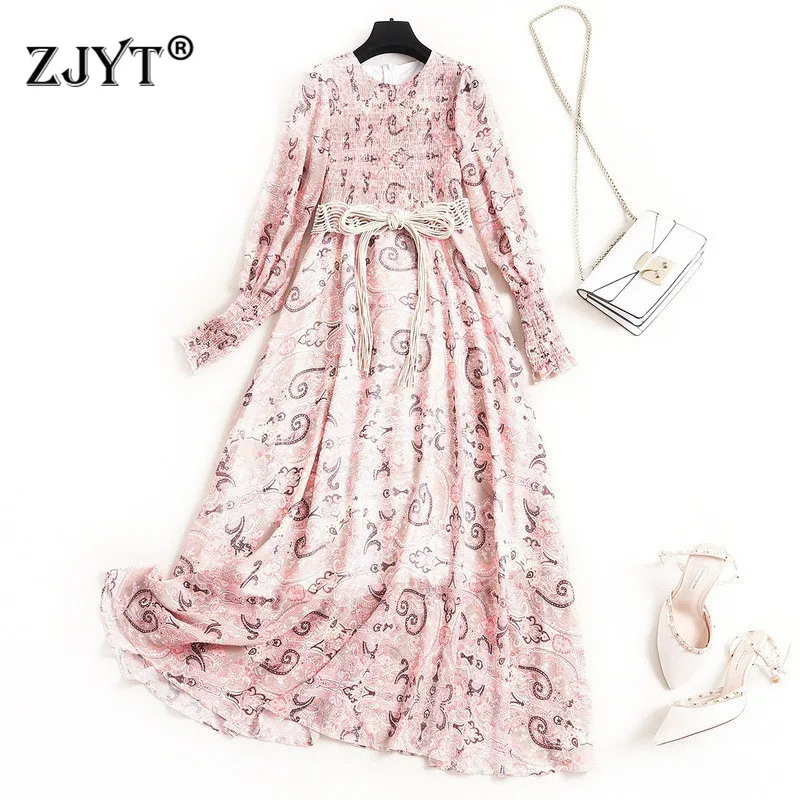 

Bohemian Style Woman Dress Spring 2020 New Designers Fashion Long Sleeve Mid Calf Print Casual Beach Chiffon Dress