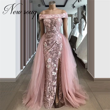 

Luxury Bost Neck Party Gowns Applique Pearls Evening Dresses 2020 Dubai Design Saudi Arabia Front Split Slit Prom Gowns Kaftans