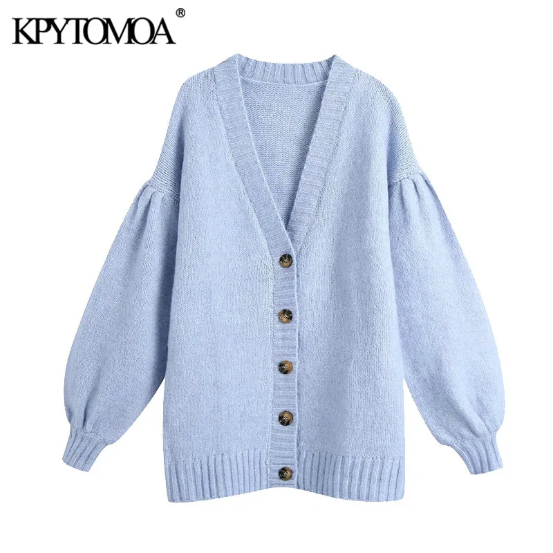 

KPYTOMOA Women 2020 Fashion With Buttons Oversized Knitted Cardigan Sweater Vintage Lantern Sleeve Female Outerwear Chic Tops