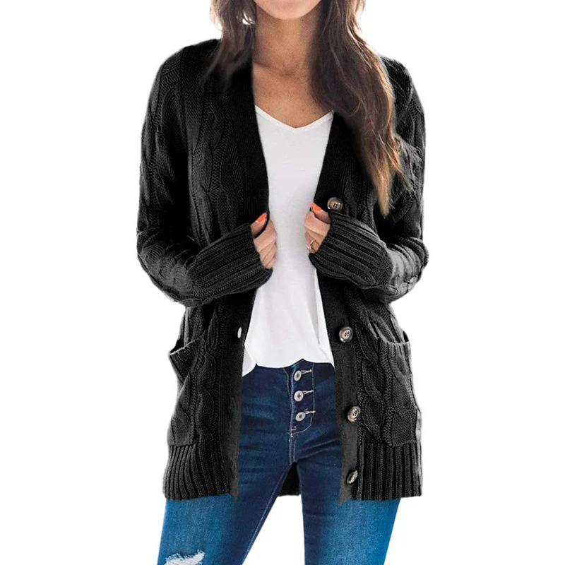 thumbnail image 2 of Cárdigan de moda Otoño Invierno 2021 para mujer, cuello en V, un solo pecho, suéter de punto sólido, abrigo de mujer, manga larga, prenda de punto informal, 2 of 5
