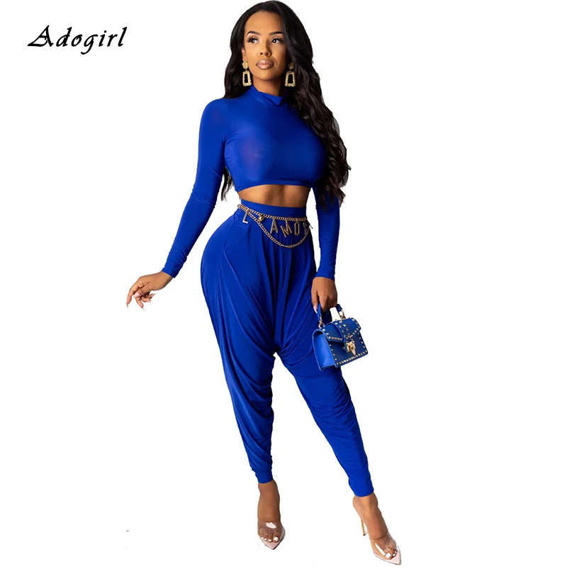 

Adogirl Sexy Harem Pants Two Piece Set Elegant Stand Collar Pullover Sweatshirt With Pockets Trousers Tracksuit Casual Club Set