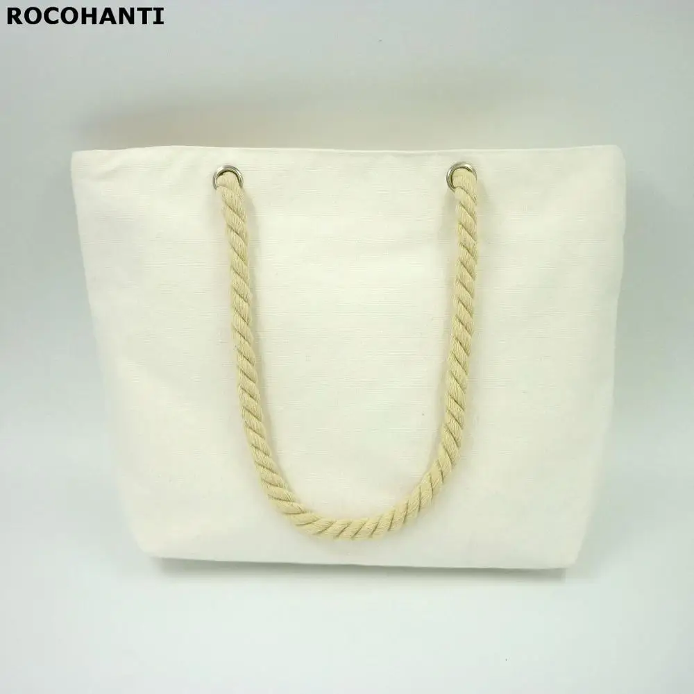 

Durable Cotton Canvas Shopping Bag With Rope Handles Zipper Closure Pure White Color Medium Size 11.8x14.9x3.9 inch