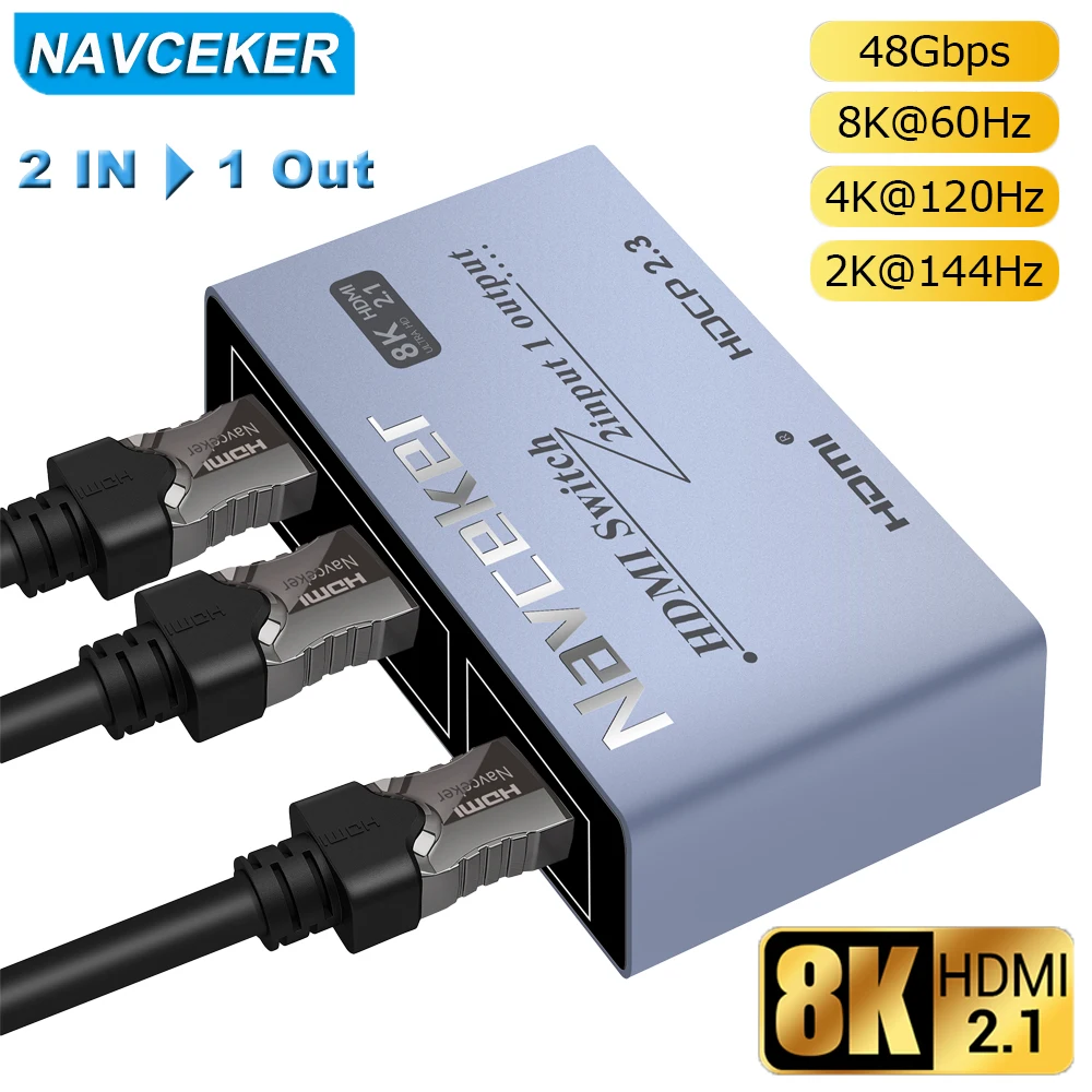 2024 Коммутатор HDMI 2,1-совместимый 2 в 1 выход Ultra 48 Гбит/с 8K @ 60 Гц 4K @ 120 Гц переключатель-адаптер с кнопкой переключения для проектора HDTV