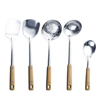 

Kitchenware 5pcs Stainless Steel Spoon Fried Spade Wood Handle Soup Spoon Cooking Utensil for Kitchen Home Restaurant