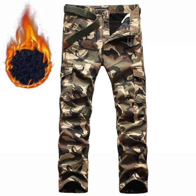 Khkai camouflage Зимние брюки с начесом, мужские мешковатые брюки с боковой молнией, мужские плотные флисовые брюки-карго, камуфляжные повседневные мужские брюки с нижней частью, большой размер 40 - Цвет: Khkai camouflage
