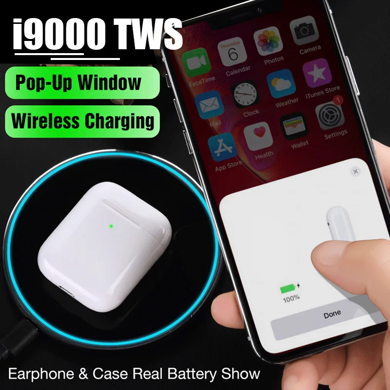 i9000 TWS 1:1 Headphone Wireless Bluetooth Earphone Mini Wireless Earbud Smart Sensor 8D Stereo Charging Bass Touch Control Mic