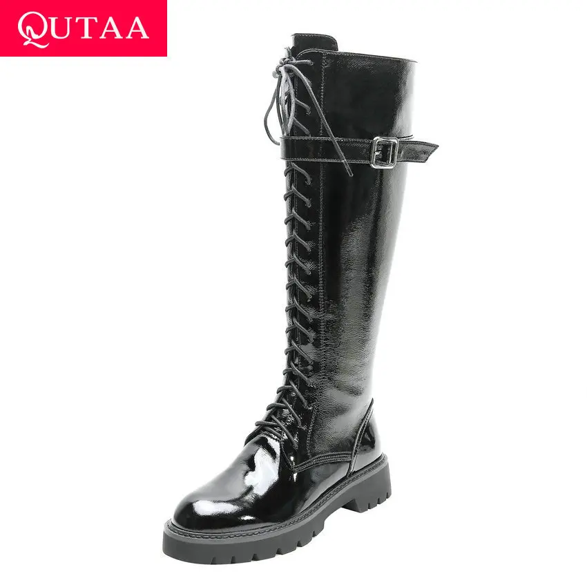 

QUTAA 2020 Square Heel Fashion Motorcycle Boots Autumn Winter Women Shoes Cow Leather Lace Up Zipper Knee High Boots Size 34-40