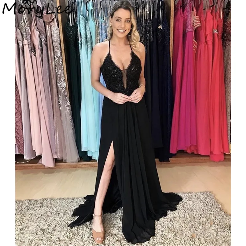 Sexy Evening Dresses With Cross Back V-Neck Side Slit Lace Applique Crystal vestidos de fiesta noche | Свадьбы и торжества