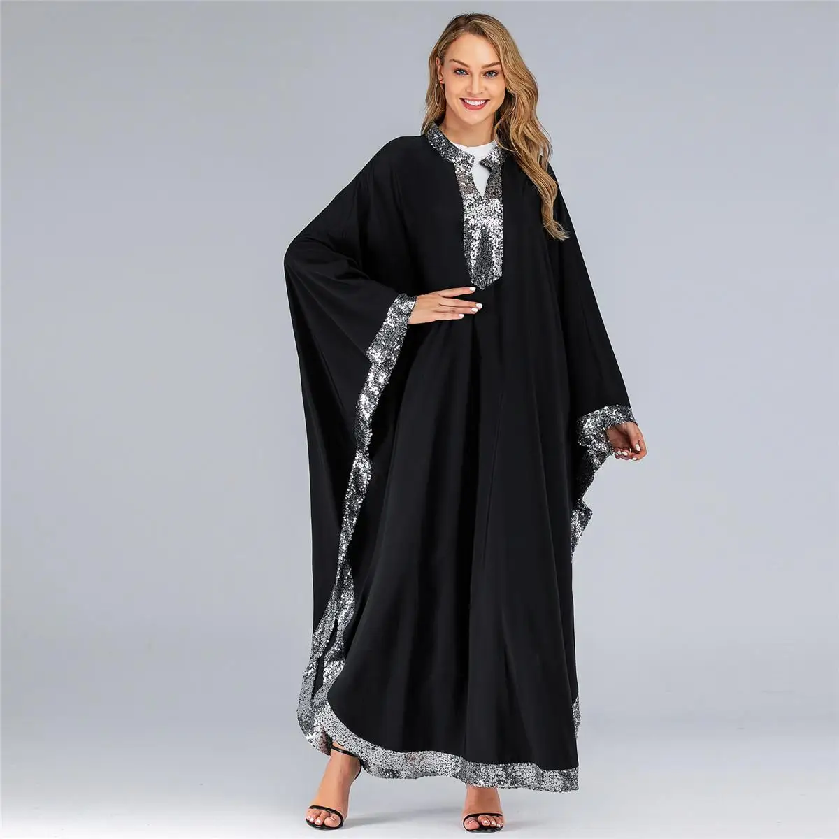 Дубай абайя блёстки свободное мусульманское платье макси для женщин рукав "летучая мышь" фараша кафтан больше размера d Исламская одежда халат платье размера плюс
