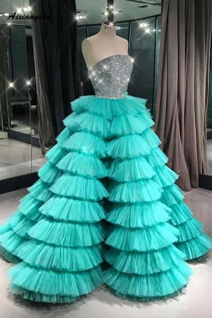 Роскошное платье для выпускного вечера, элегантное вечернее платье, Тюлевое бальное платье с бисером, зеленые длинные вечерние платья