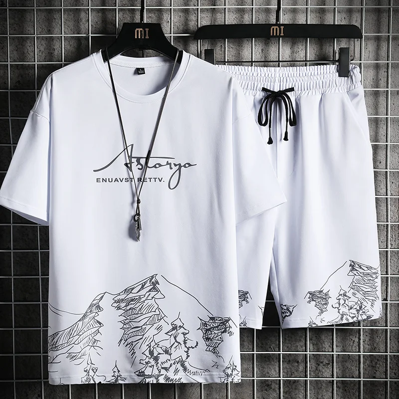 Sports Tracksuit T-Shirt Casual-Set Harajuku Running Fashion Mens Summer New Print Short