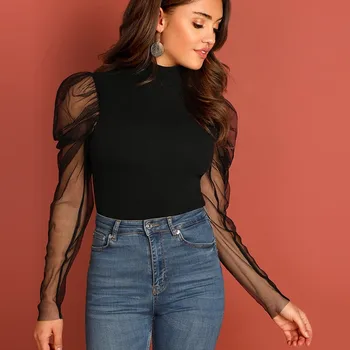 

Fashion Girls Mesh Sheer Top Women Turtleneck Long Sleeve Puff Mesh Sleeve Casual Slim Fitted Top New#45