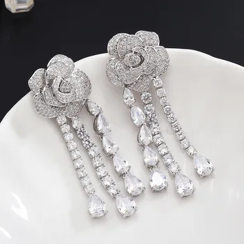 

pure silver needle flowers water droplets micro inlay zircon earrings camellia tassel earring fashion female. 2830-1044