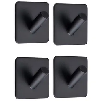 

304 Stainless Steel Coat Hanger Black Towel Hook Rack Rail,Self Adhesive Hooks Square for Kitchen Bathroom Lavatory Closets, 4 P