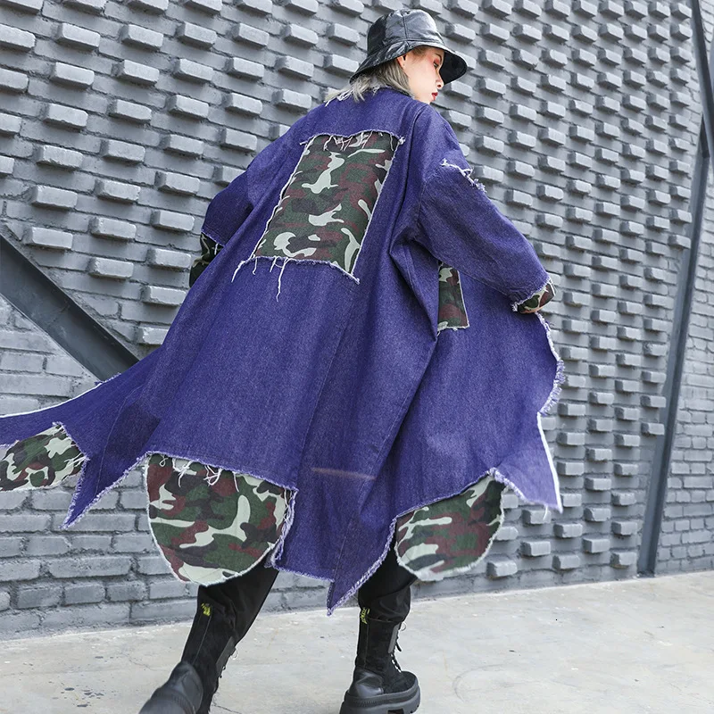 QING MO Purple Women Denim Coat Autumn Winter Women Camouflage Patchwork Coat Vintage Irregular Coat Personality ZQY1930