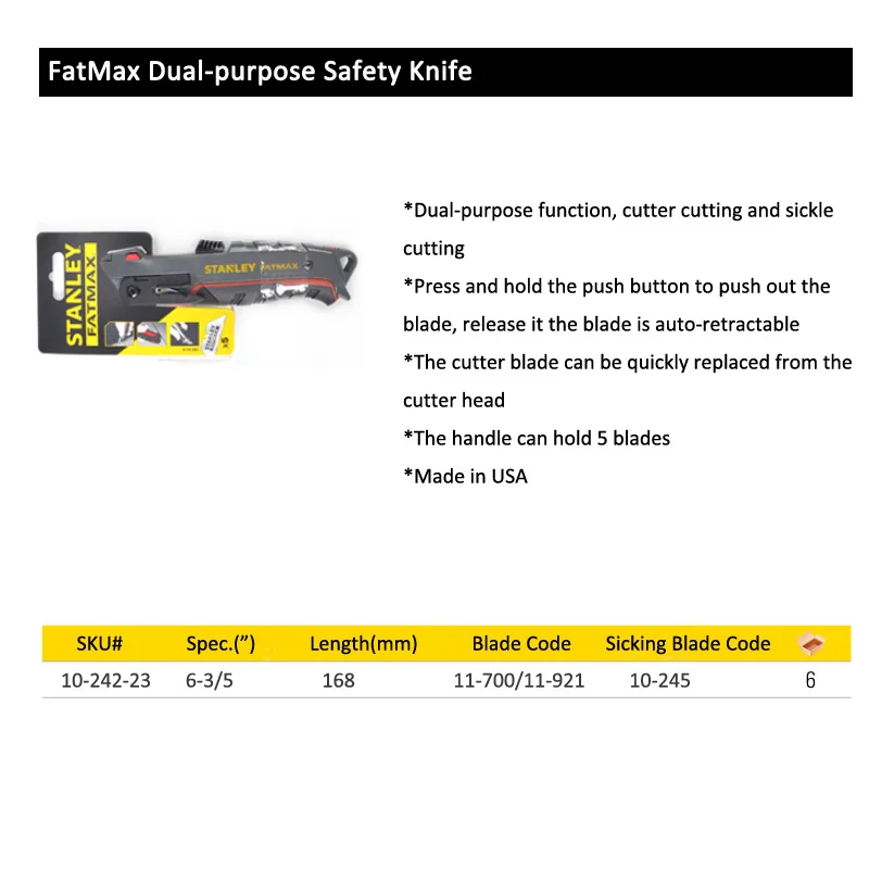 Stanley FatMax Dual-purpose Carton Safety Knife Auto-retractable Knives Quick Blade Replaced Box Opener USA Brand 10-242