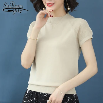 

Summer Thin Short Sleeve Solid Color Ice Silk Blouse Women Knitted Short Sleeve T-shirt Stand-collar Elegant Base Shirt 8653 50
