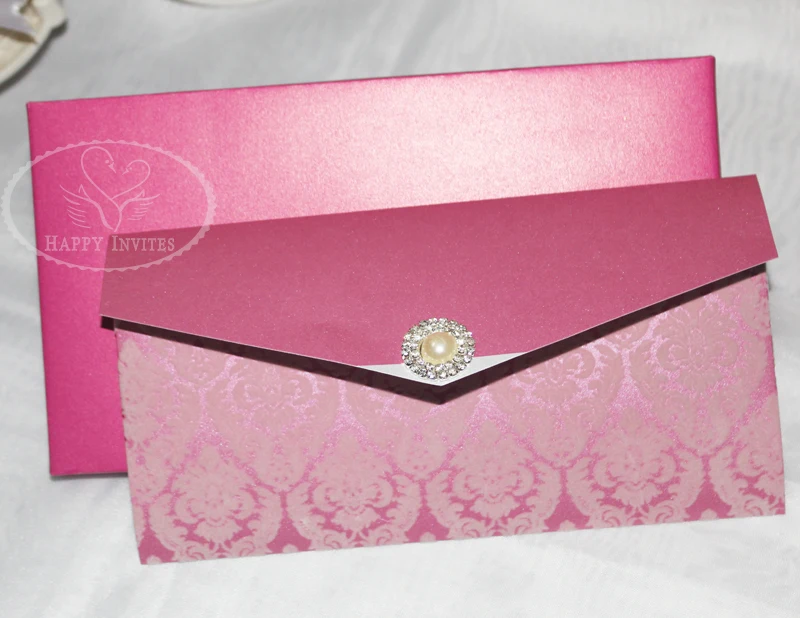 HI6009-35 Customized  Fuchsia Wedding Invitation Card with Flocking