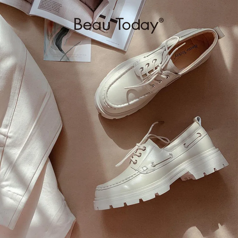 Flats Platform-Shoes Chunky Handmade Beautoday Genuine-Cow-Leather Women Ladies Sewing