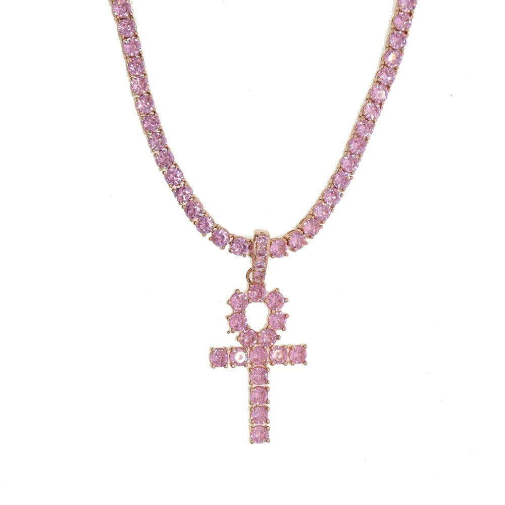 rose gold set Мужская розовая подвеска в виде креста Ankh, 5 мм, кубический цирконий, теннисные цепочки, золото, розовое золото, ожерелье, модные ювелирные изделия в стиле хип-хоп - Окраска металла: rose gold set