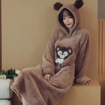 

Winter Blue Print Cartoon Hooded Women Nightgown Sexy Print Letter Flannel Sleepdress Intimate Lingerie Nightwear Home Dress