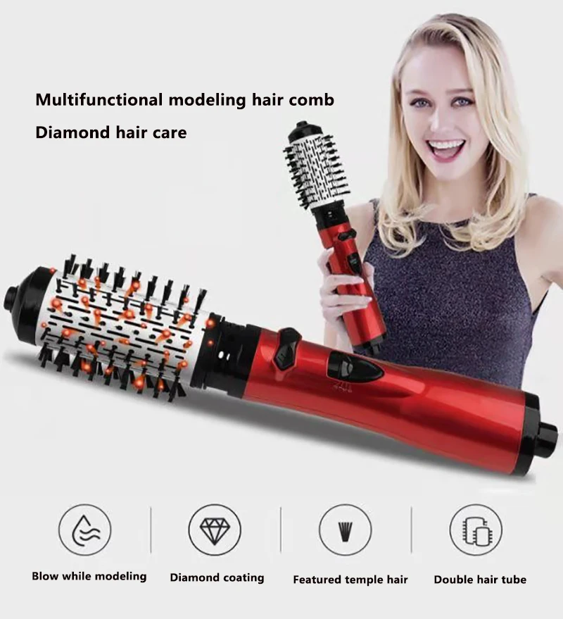 3 In 1 Rotating Brush Hot Air Styler Comb Curling Iron Roll Styling Brush Hair Dryer Blow With Nozzles 2 Speed & 3 Heat Setting