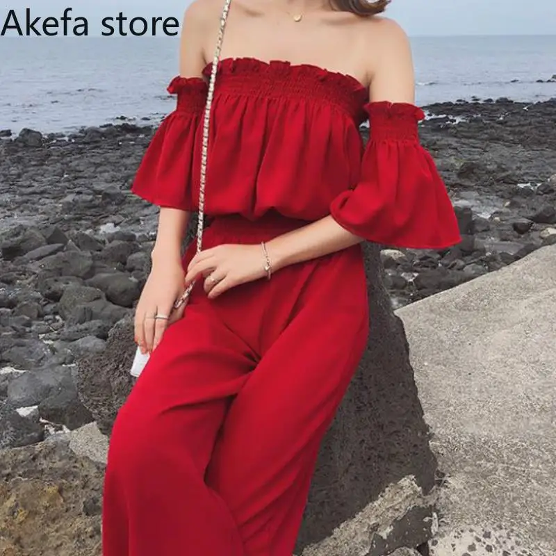 2020 Summer New Wild Short Sleeve Shoulder Crop Waist Top + Bud Wide Leg Pants Women Suit |
