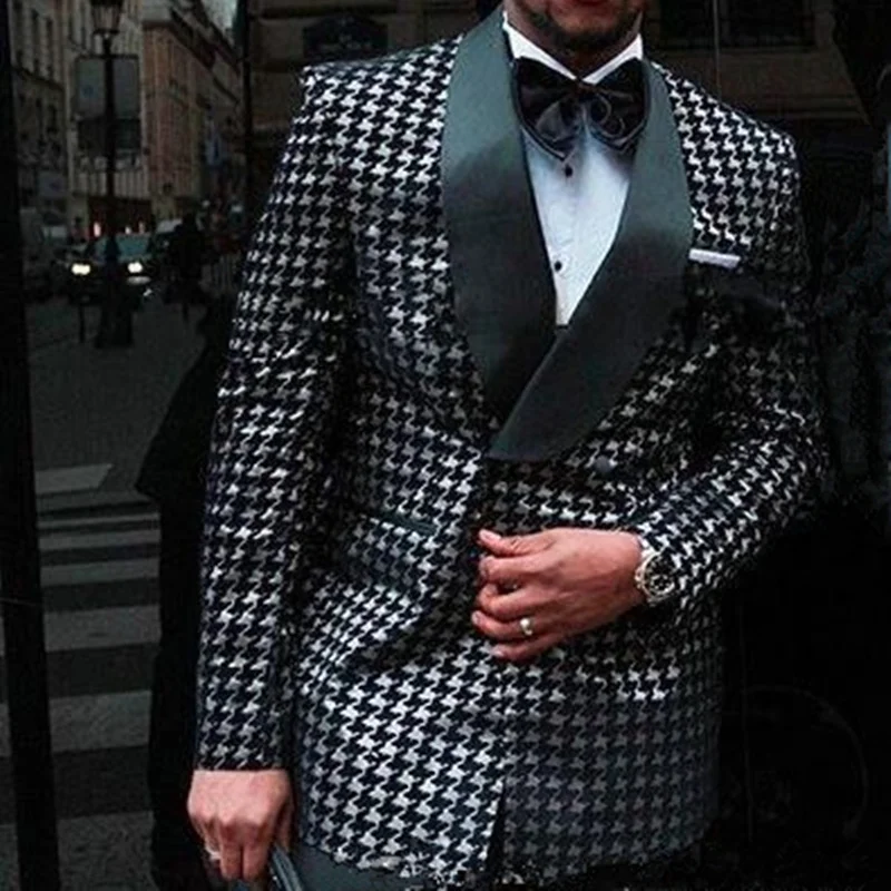 

Houndstooth Blazer Tuxedos Groom Men Suits Mens Wedding Suits Tuxedo Costumes De Smoking Pour Hommes Men One Piece Jacket