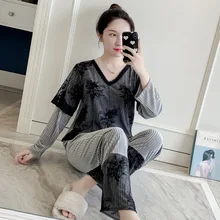 Fiklyc осенне-зимняя Дамская кружевная Пижама Золотой бархатный домашний комплект из двух предметов на выбор