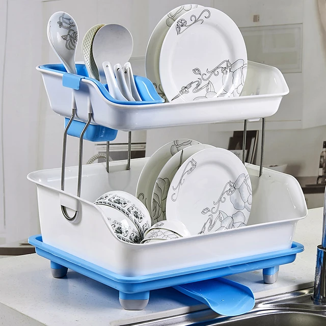 New Large Capacity Plastic 2-layer Kitchen Drain Rack, Dish Rack