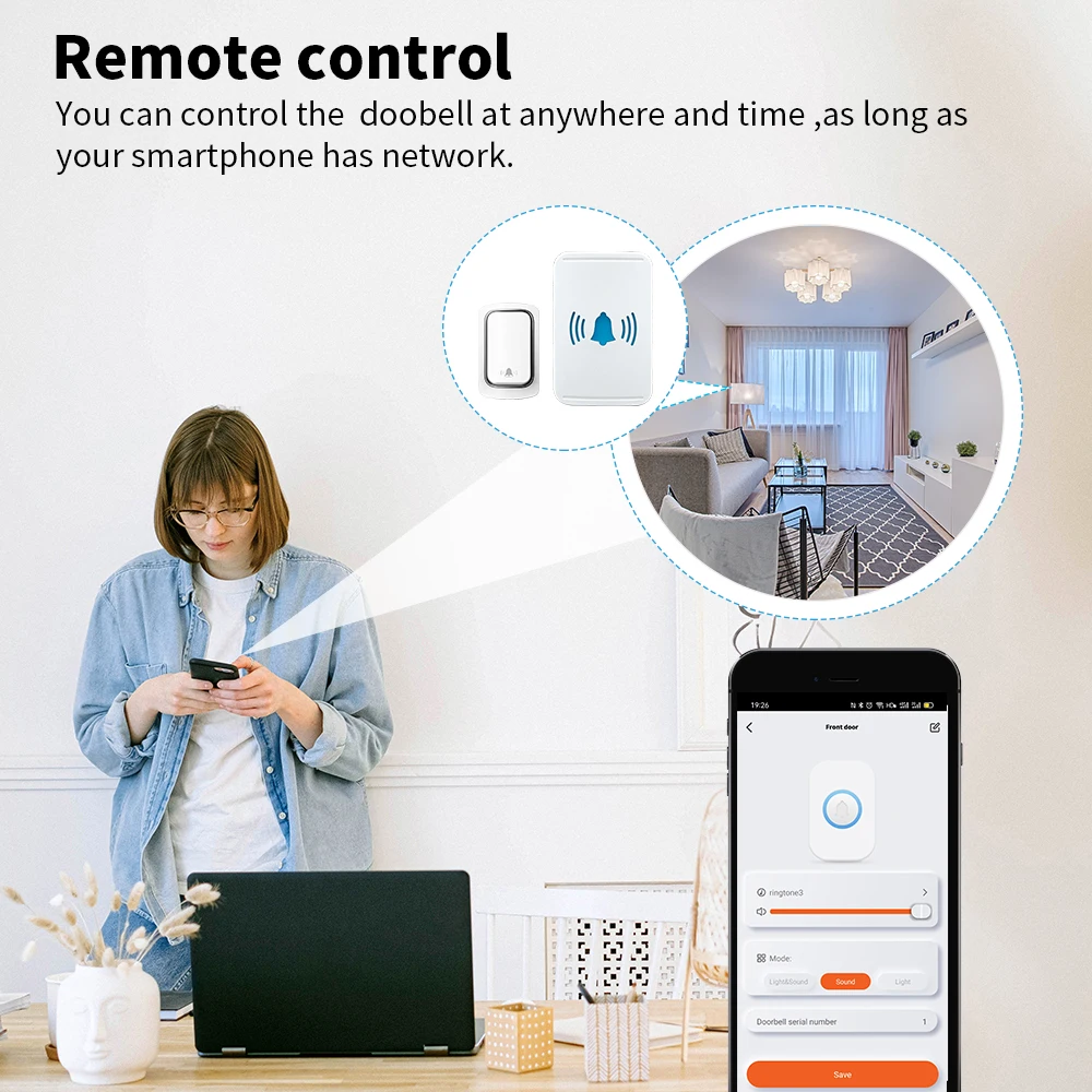 Tuya inteligente conjunto campainha, anel sem fio campainha, botão auto-alimentado, sinos impermeáveis, Alexa controle, Wi-Fi