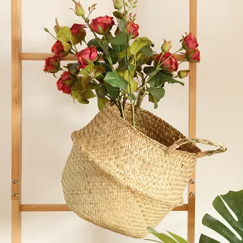 

Household Storage Foldable Natural Seagrass Woven Storage Basket Pot Garden Flower Vase Hanging Wicker Basket Bellied Baskets