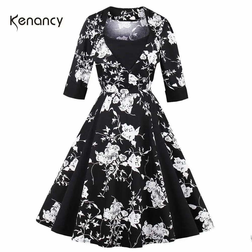 Женское винтажное платье Kenancy с рукавами 3/4 черно белое цветочным принтом