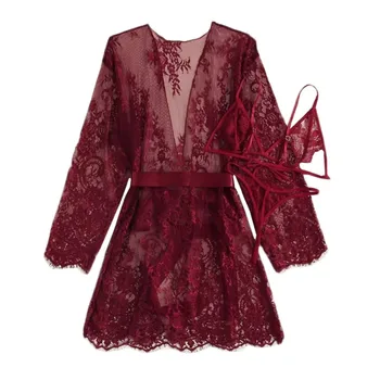 

2020 Spring Satin Silk Lace Lingerie Set Women Deep V Pajamas Cardigan Nightdress Bathrobe Ladies Robes Underwear Sleepwear #42