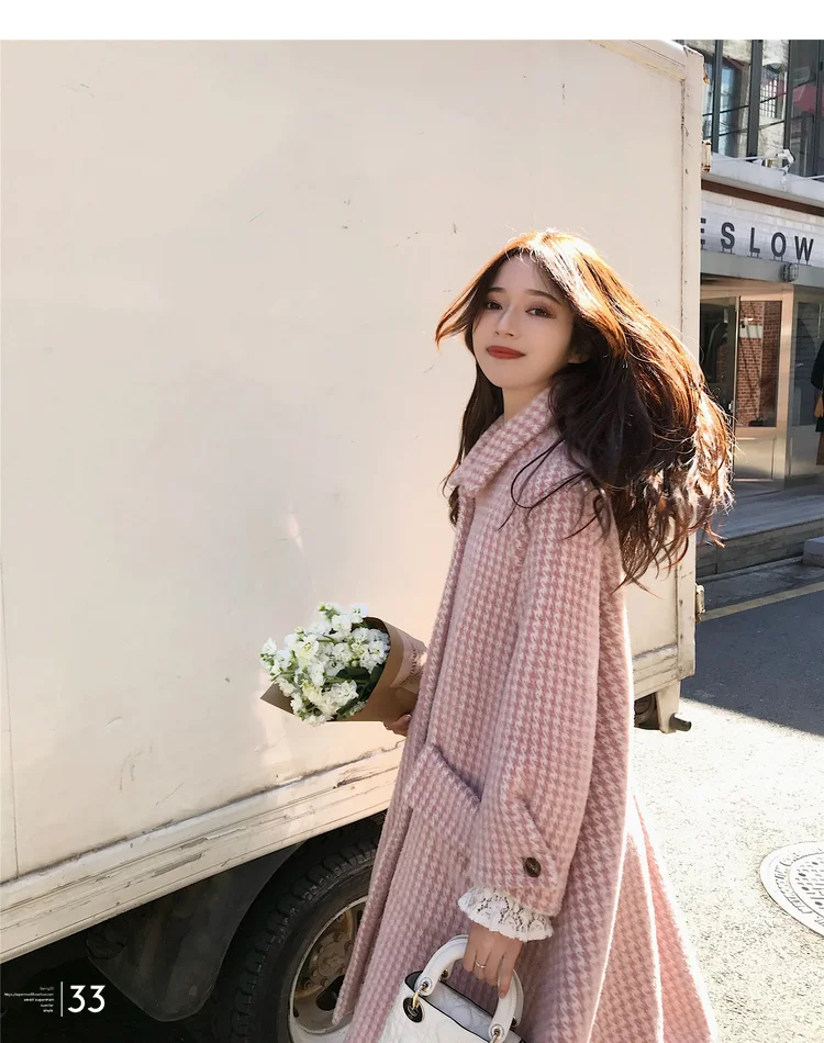 HANZANGL Korean Version Wool Coat winter jacket women long-sleeved Woolen Cashmere Coats Long Outwear beige/pink