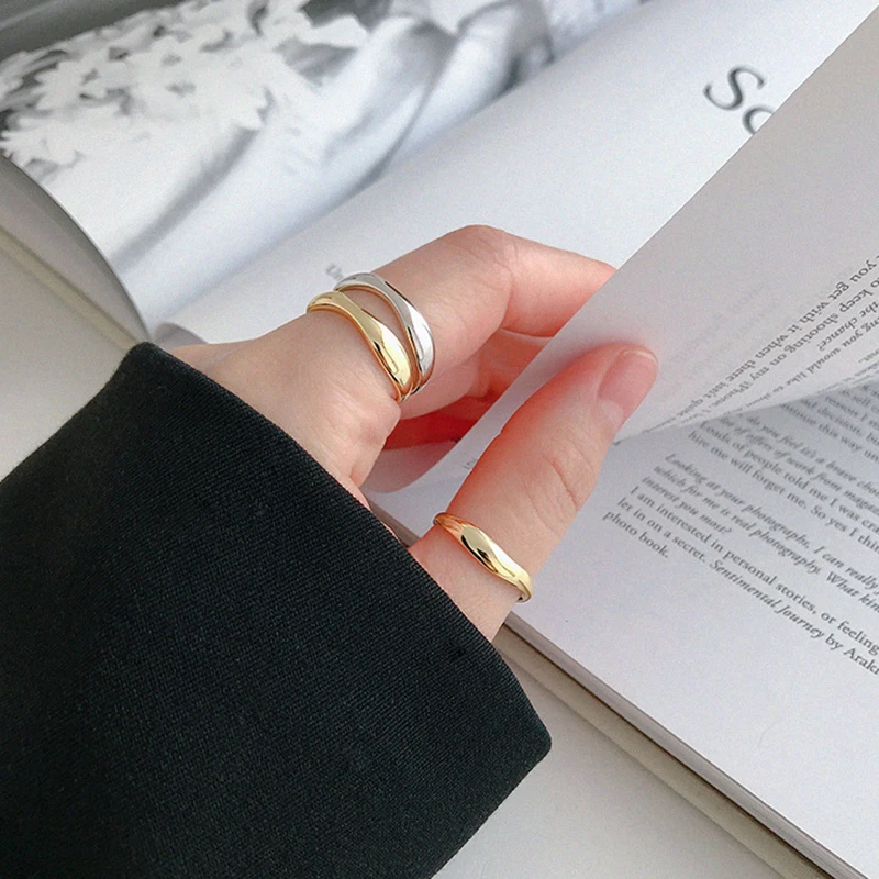 Peri'sBox Adjustable 925 Sterling Silver Ring Wave Shape Minimalist Stacking Rings for Women Irregular Gold Ring Simple Jewelry - Image 3