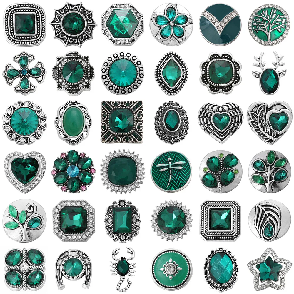 5pcs/lot New Snap Jewelry Green Crystal Tree Dragonfly Heart Snap Buttons DIY Ginger Charms Fit 18mm Snap Button Bracelet Bangle