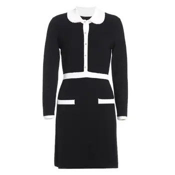 

Women Peter Pan Collar Knitted Dress Slim Lady Hit Color Long Sleeve Mini Dress