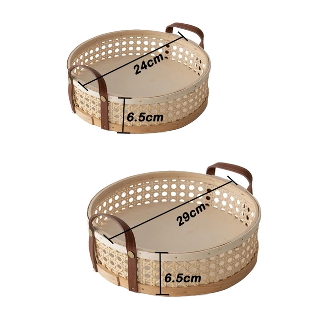 Hand-Woven Round Rattan Storage Basket Wicker Plate Fruit Snacks Serving Tray with Leather Handle 6