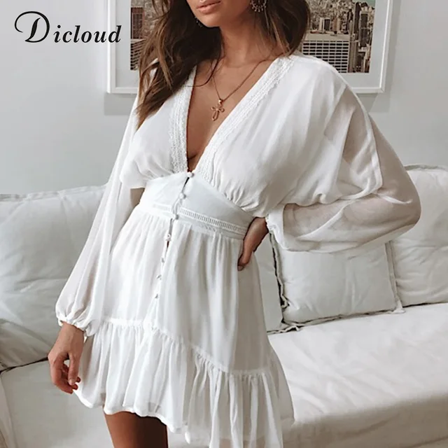 DICLOUD Sexy Plunge V Neck Women's Summer Dress White Lace Long Sleeve Mini Wedding Party Dress Ruffle Elegant Clothes 2021 3